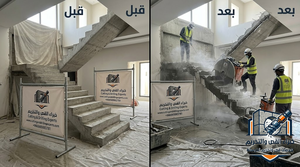قص درج خرساني بالطائف باستخدام أحدث تقنيات القص الماسي لتعديل وإزالة السلالم الخرسانية مع الحفاظ على سلامة المبنى
